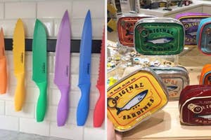 Set of colorful kitchen knives hanging on a wall and vibrant tinned sardine cans arranged on a shelf
