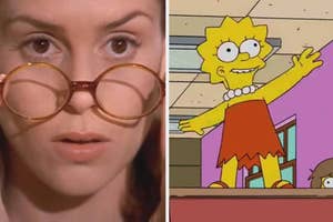 Side-by-side images of a woman with large glasses and Lisa Simpson waving