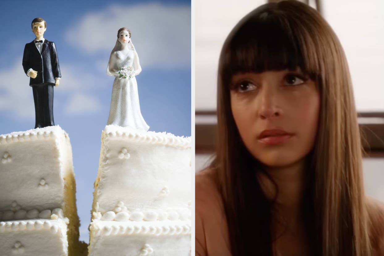 Bride and groom figurines atop a wedding cake; a still of Rachel Berry from Glee looking thoughtful