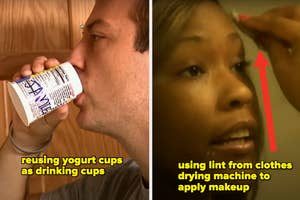 Split image: Left - person reusing a yogurt cup as a drinking vessel. Right - person applying makeup with lint