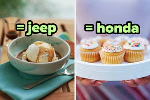 Visual comparisons: bowl of ice cream aligned with "jeep", cupcakes aligned with "honda"