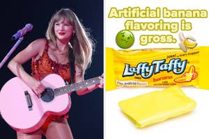 Taylor Swift wearing a sequined dress, playing a guitar on stage. A Laffy Taffy wrapper with a joke is also shown