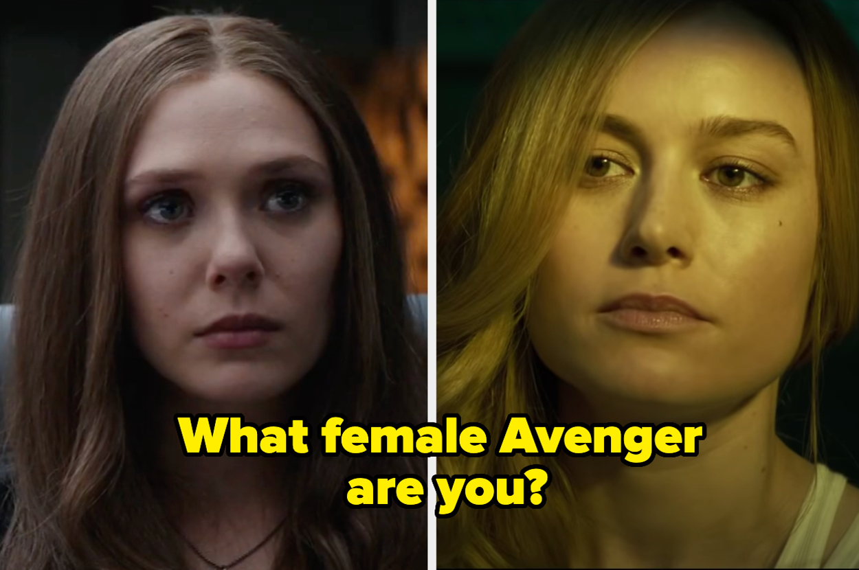 Split image: Left is Wanda Maximoff looking concerned, right is text "What female Avenger are you?"