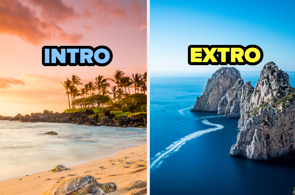Split image with "INTRO" over a beach scene and "EXTRO" over a rocky coastline