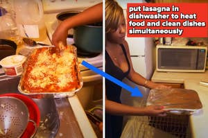 A person is putting a tray of lasagna into a dishwasher, as a cooking hack for heating food and cleaning dishes together
