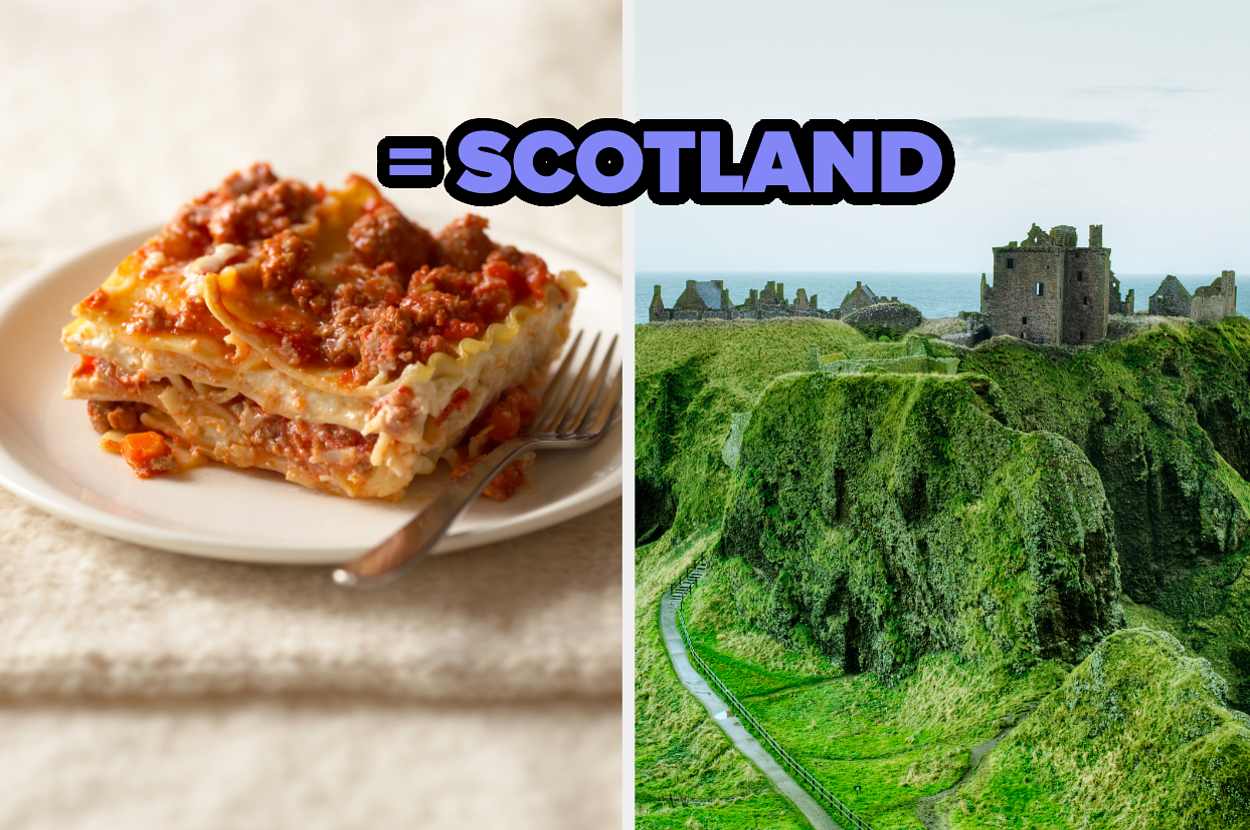 Left: A slice of lasagna on a plate. Right: A historic castle atop a green hill. Text: "Scotland" above the castle