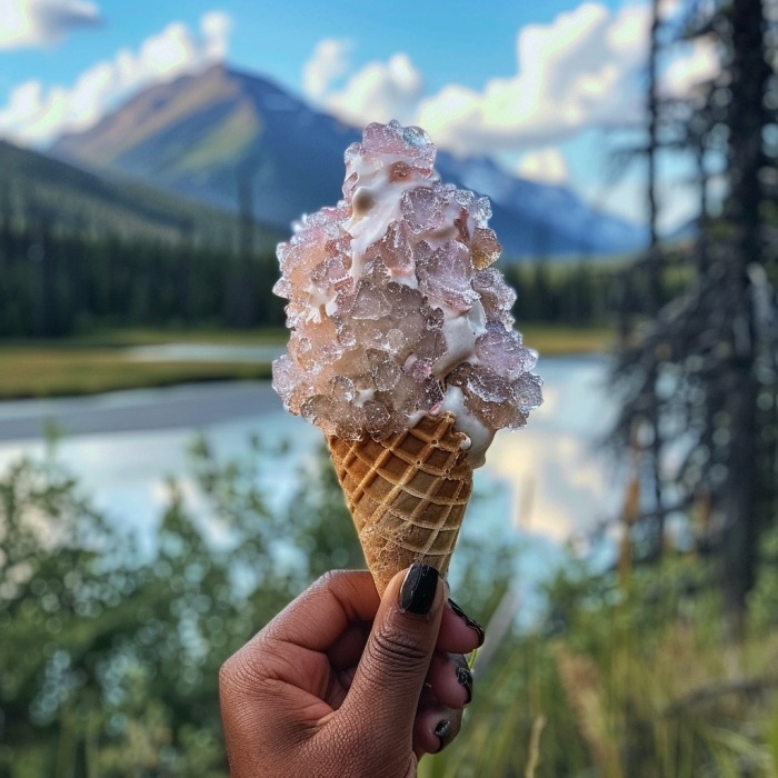 Hand holding a large, elaborate ice cream cone with a scenic mountain and a lake backdrop