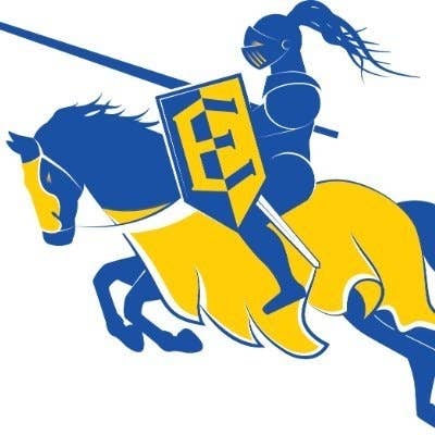 Logo featuring a stylized knight on horseback with a shield and lance