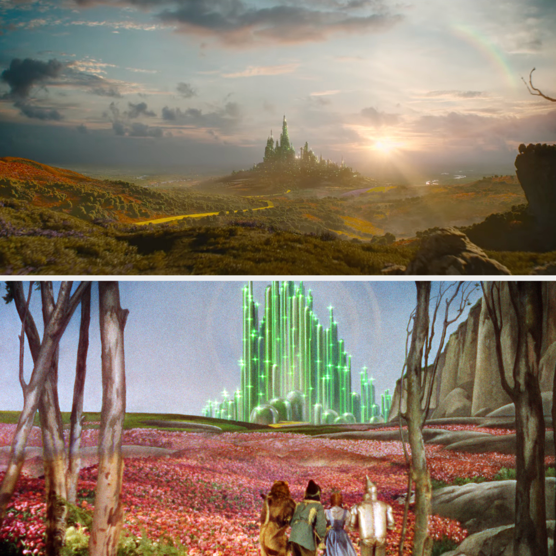 Two scenes: top shows a castle with a rainbow; bottom displays characters approaching a green-hued city