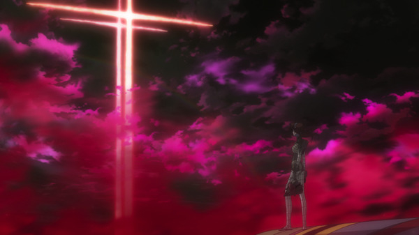 空に浮かぶ巨大な十字架と一人のキャラクターが立っているアニメのシーンです。