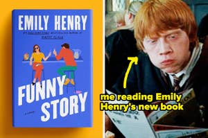 Book cover of "Funny Story" by Emily Henry next to Ron Weasley from Harry Potter reading with text overlay