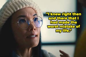 Woman wearing glasses and a beanie looks shocked with a quote from her "I knew right then that I had made the worst mistake of my life."