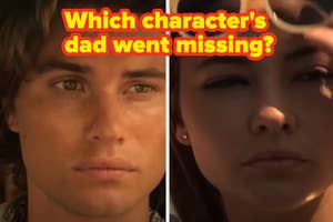 Split screen of two characters with concerned expressions, text asks whose dad went missing