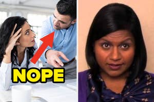 An employee talking to an annoyed colleague with the text "nope"; right: Mindy Kaling as Kelly from The Office cringing