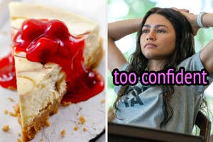 On the left, a slice of cheesecake with cherry topping, and on the right, Zendaya with her hands behind her head as Tashi in Challengers labeled too confident