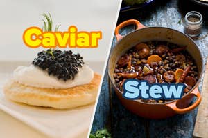 Contrast of two dishes: Caviar on a blini on the left, hearty stew in a pot on the right