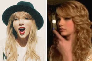 Two images of Taylor Swift, one wearing a hat and another with curly hair, in mid-motion