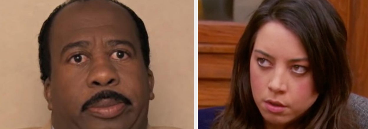Stanley from "The Office" with a quote: "The is a workplace; we are not a family" next to April from "Parks and Rec" with the quote: "No meetings at 8 am"