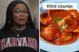 Split image with person on left side wearing glasses and Harvard shirt, and a plate of ravioli captioned "third course" on right