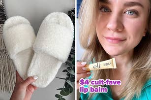 Person holding slippers; another showing lip balm with price caption