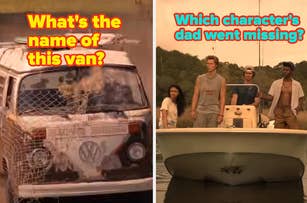 Split image with text: left shows a van with "What's the name of this van?" right depicts four individuals with "Which character's dad went missing?"