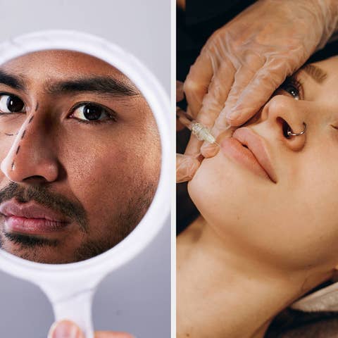 Man looking into a hand mirror and a person receiving a facial treatment