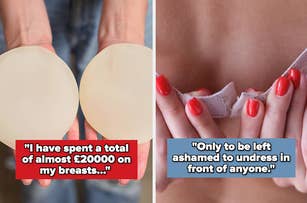 Person holding silicone bra inserts with text about spending on breast augmentation and feeling ashamed to undress