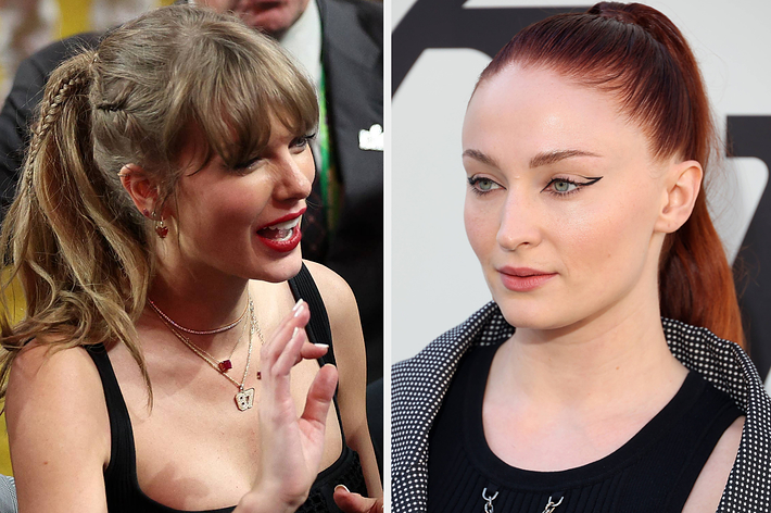 Taylor Swift waving vs a closeup of Sophie Turner