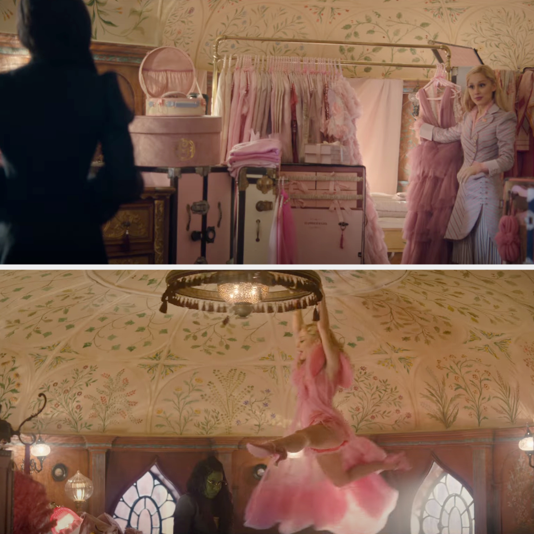 Two scenes from a film, top showing a person's silhouette in a pink room, bottom showing a person swinging on a chandelier