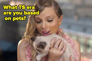 Taylor Swift holding a small cat with a caption asking about TS era based on pets