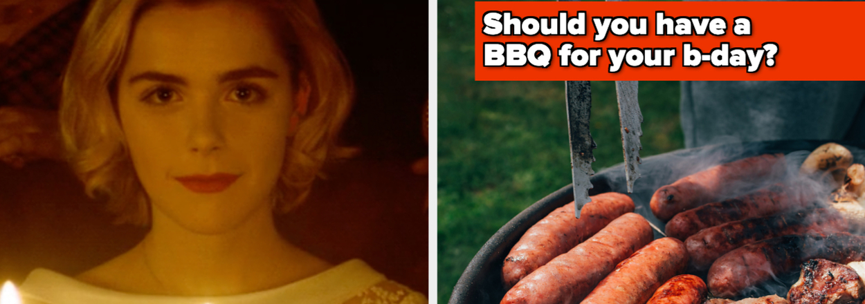 Left: A person with birthday candles in front. Right: A BBQ grill with various meats cooking. Text: "Should you have a BBQ for your b-day?"