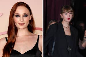 Sophie Turner in a v neck outfit vs Taylor Swift in a blazer with earrings