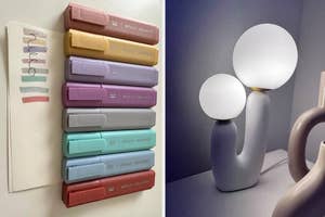 Wall-mounted pastel portable chargers next to branding; modern lamp with spherical white lights