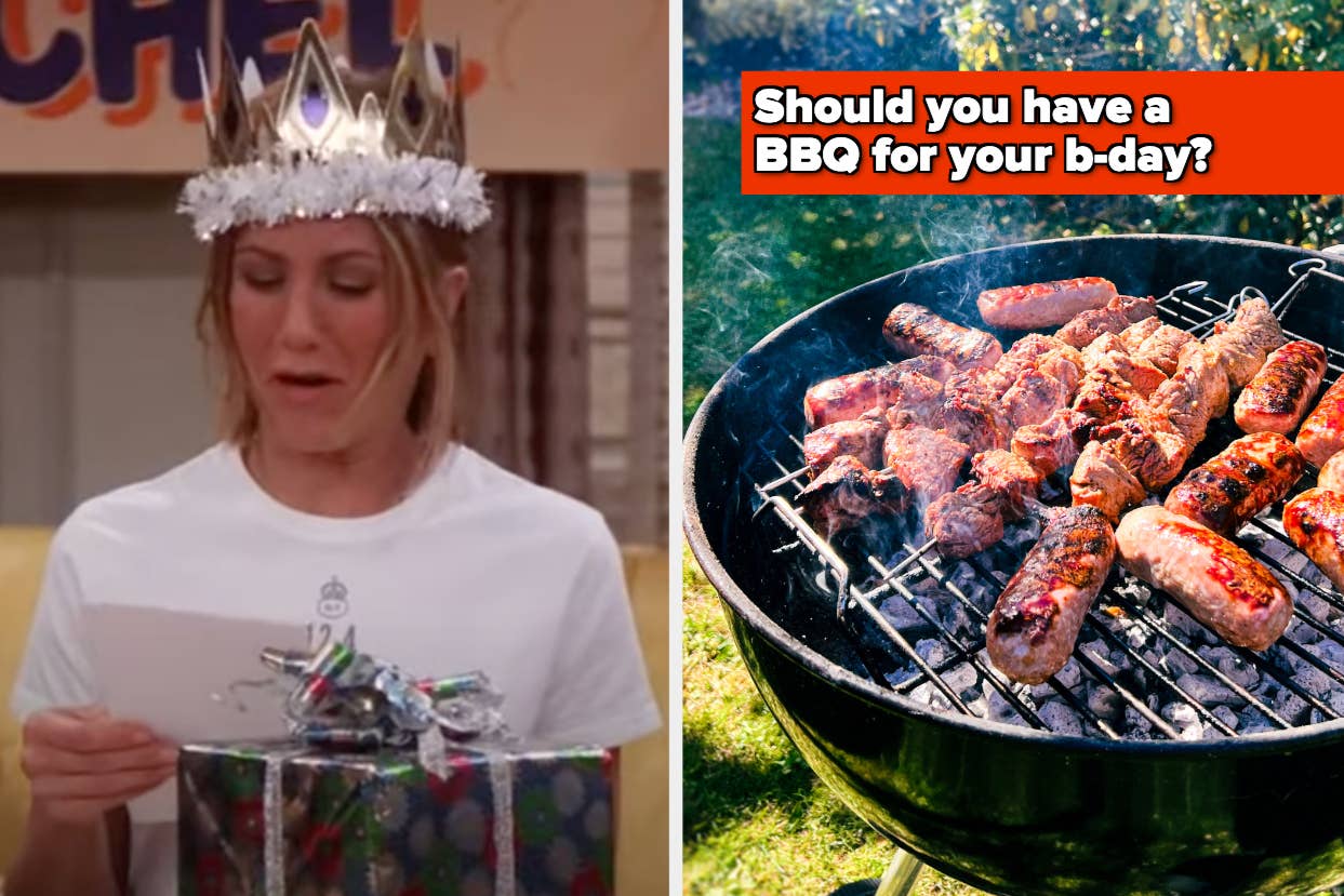 Woman in birthday tiara and sash; adjacent image showing a BBQ grill with sausages