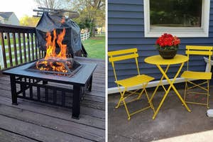 Outdoor fire pit ablaze on a deck; patio set with two yellow chairs and a table with a red flower pot
