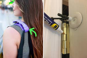 A person using a purple shoulder carrier for bags / reviewer's WD-40 pen on a door hinge