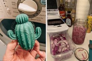 reviewer holding cactus-shaped dryer ball / reviewer's all-in-one chopper used for onions