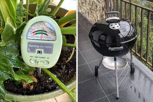 Two images: Left shows a soil meter in a potted plant; Right shows a charcoal grill on a balcony
