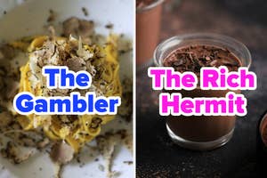 Split image with text "The Gambler" over pasta on left, "The Rich Hermit" over chocolate mousse on right