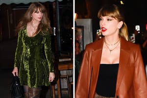 Taylor Swift in a green velvet dress and later in a black top with a brown jacket