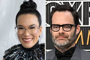 Two side-by-side photos of celebrities, one in a sequined outfit with a high neck and updo, the other in a suit and glasses
