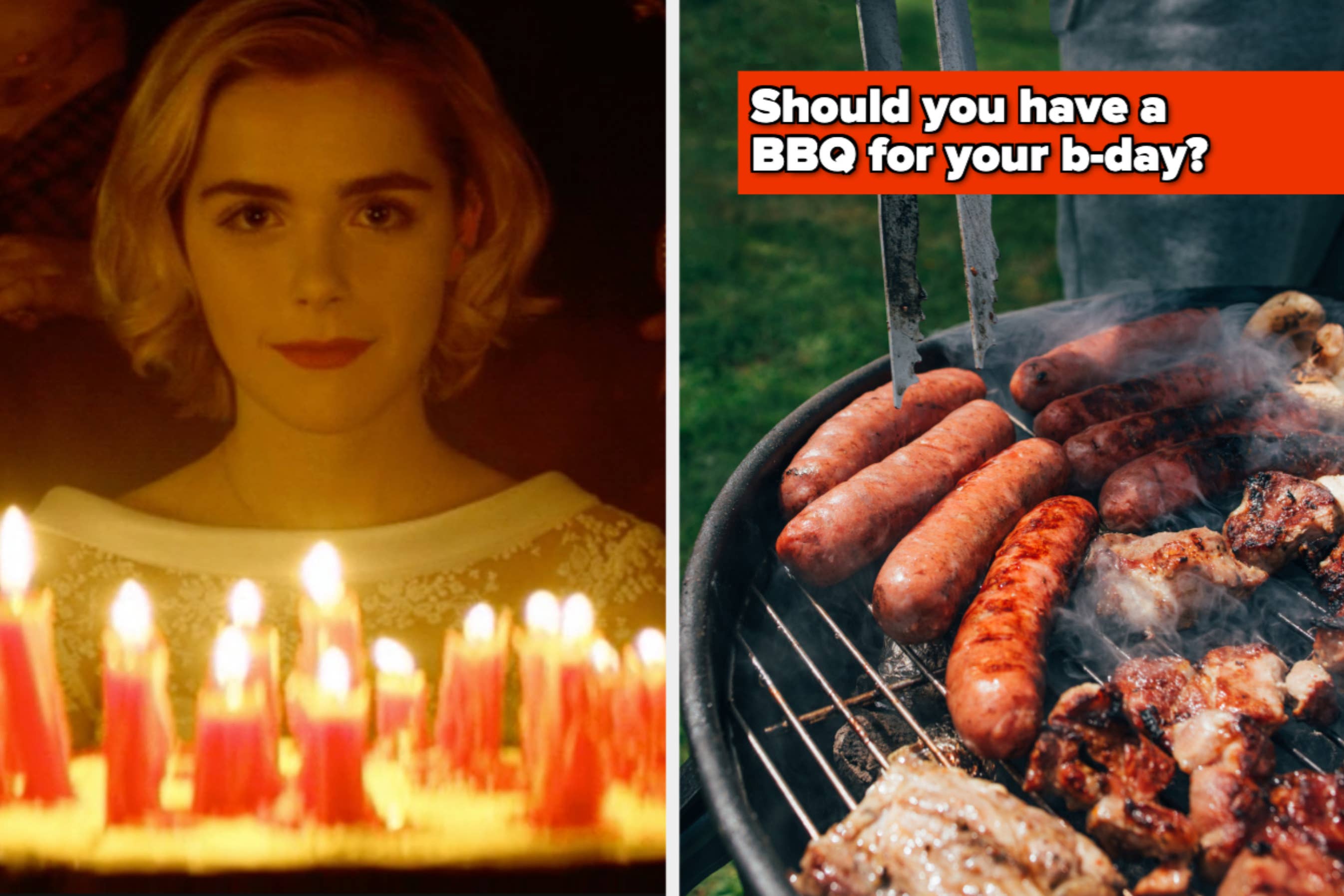 Left: A person with birthday candles in front. Right: A BBQ grill with various meats cooking. Text: "Should you have a BBQ for your b-day?"