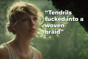 Taylor Swift with a braid, text overlay: "Tendrils tucked into a woven braid"