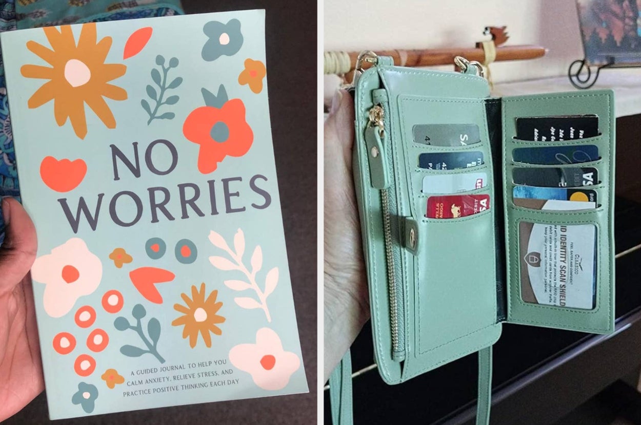 A split image showing a no worries journal on the left and an open mint green wallet with cards on the right