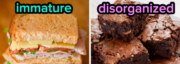 On the left, a turkey sandwich labeled immature, and on the right, a plate of brownies labeled disorganized