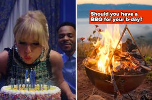 Split image: Left - Woman blowing out candle, man behind. Right - BBQ grill with flames. Text: "Should you have a BBQ for your b-day?"
