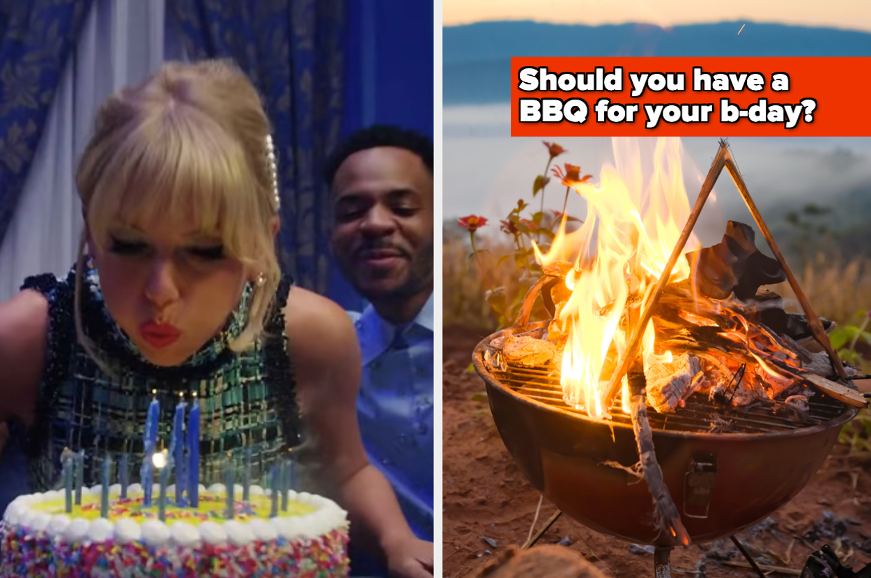 Split image: Left - Woman blowing out candle, man behind. Right - BBQ grill with flames. Text: "Should you have a BBQ for your b-day?"