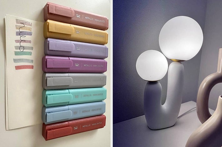 Wall-mounted pastel portable chargers next to branding; modern lamp with spherical white lights