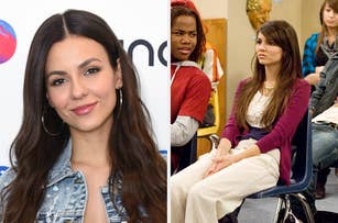 Split image of actress Victoria Justice, left side close-up, right side seated in a classroom scene from a TV show