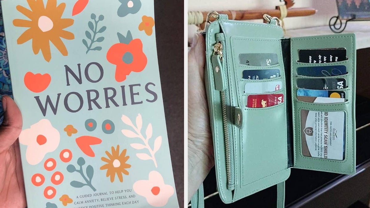 A split image showing a no worries journal on the left and an open mint green wallet with cards on the right